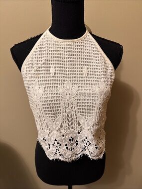 Express Off-White Crochet Lace Halter Crop Top